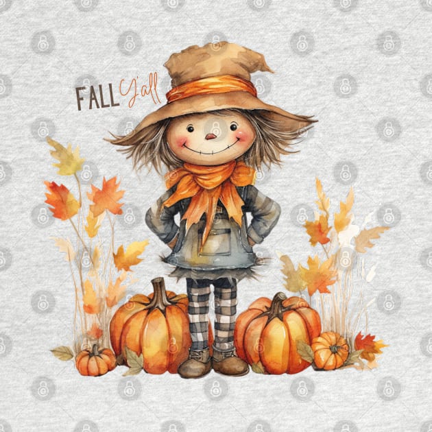 Fall Y'all Cute Scarecrow in Pumpkins with Leaves by mw1designsart